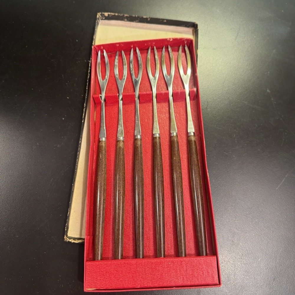TEAK Set of 6 Vintage MCM Long Stainless Forks Handles FONDUE Japan original box